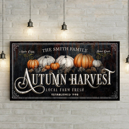 Family Autumn Harvest Thanksgiving Sign canvas with pumpkins on rustic dark background on Tampa Home & Garden Store