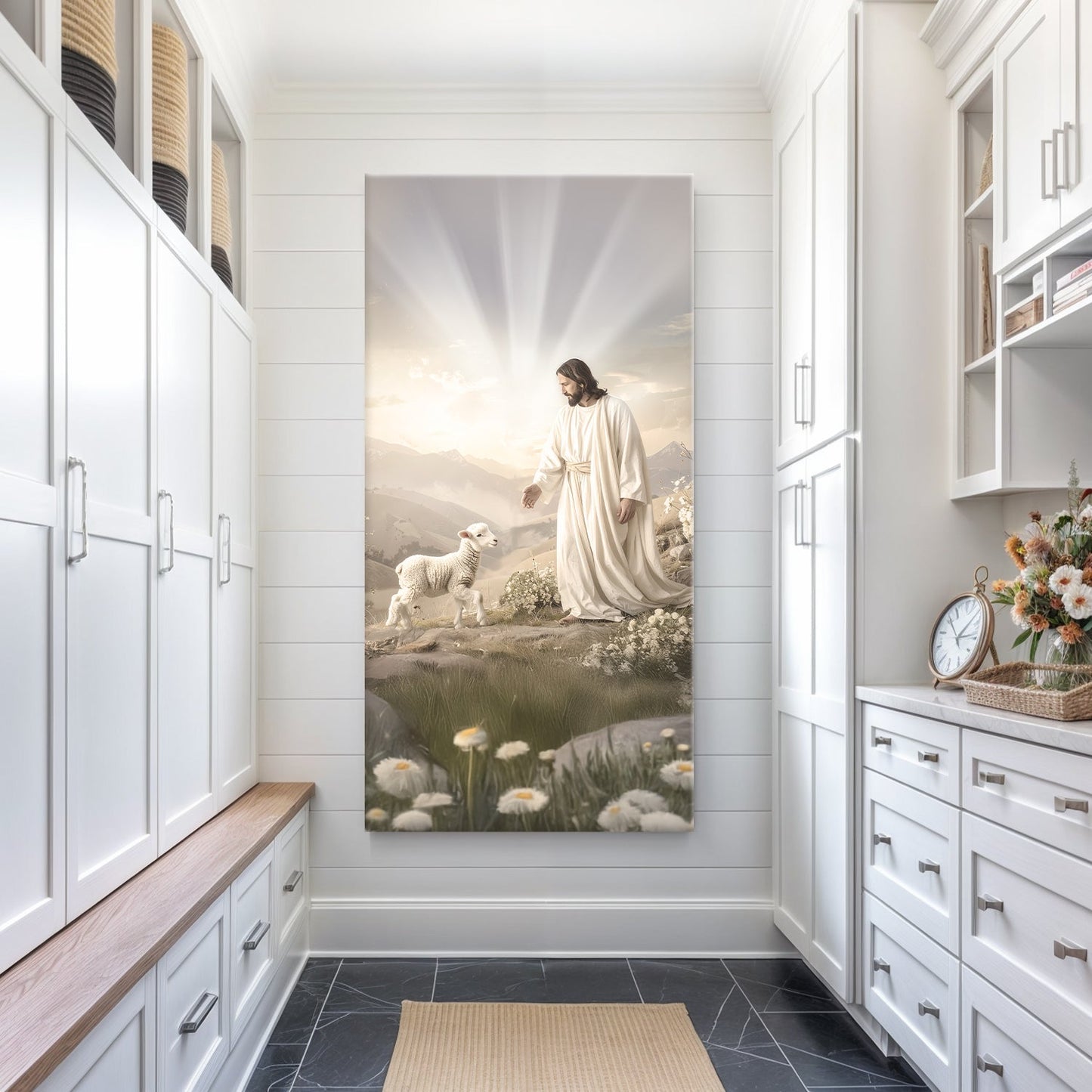 Canvas wall art Jesus Protects The Lamb From Wolves XII by Tailored Canvases, serene beige on Tampa Home & Garden Store