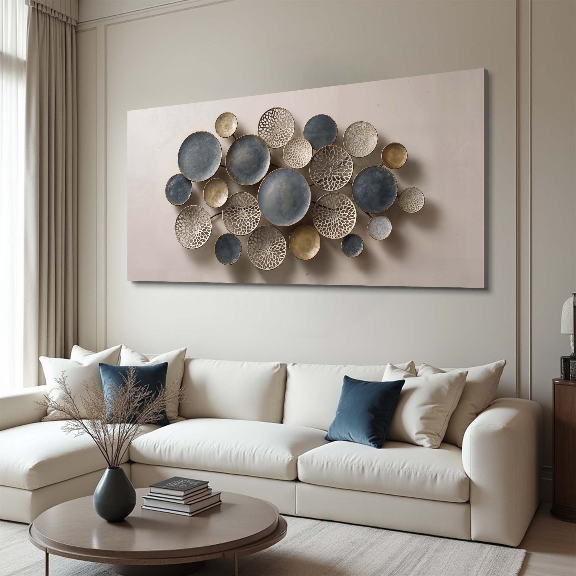 Lotus Leaf Abstract Wall Art IV canvas with blue and cream circular discs cluster on Tampa Home & Garden Store