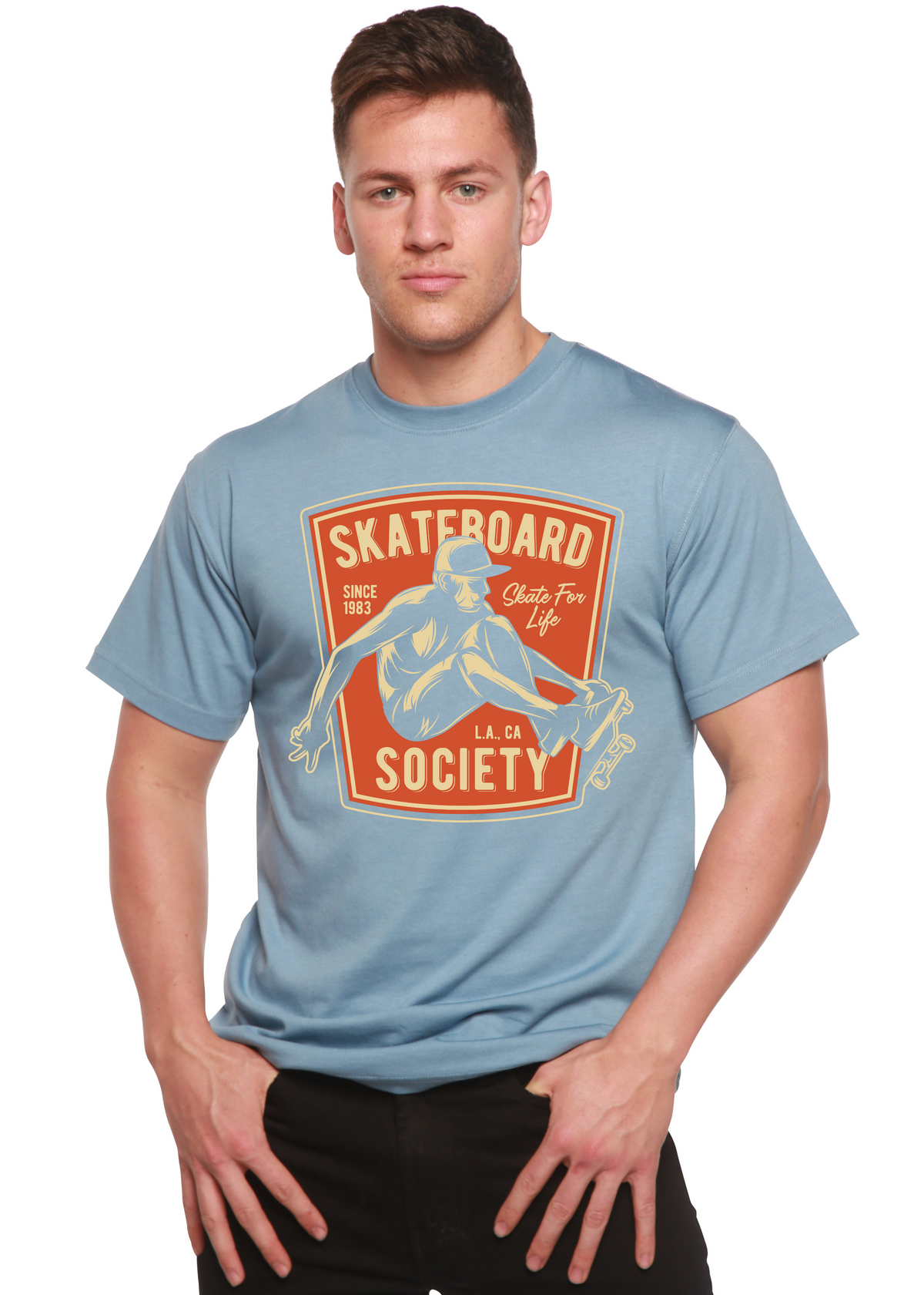 Men's light blue graphic tee by Spun Bamboo with Skateboard Society badge and rider on Tampa Home & Garden Store