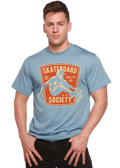 Men's light blue graphic tee by Spun Bamboo with Skateboard Society badge and rider on Tampa Home & Garden Store