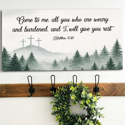 Come To Me 11:28 Faith Sign II canvas by Tailored Canvases; script verse with crosses on Tampa Home & Garden Store