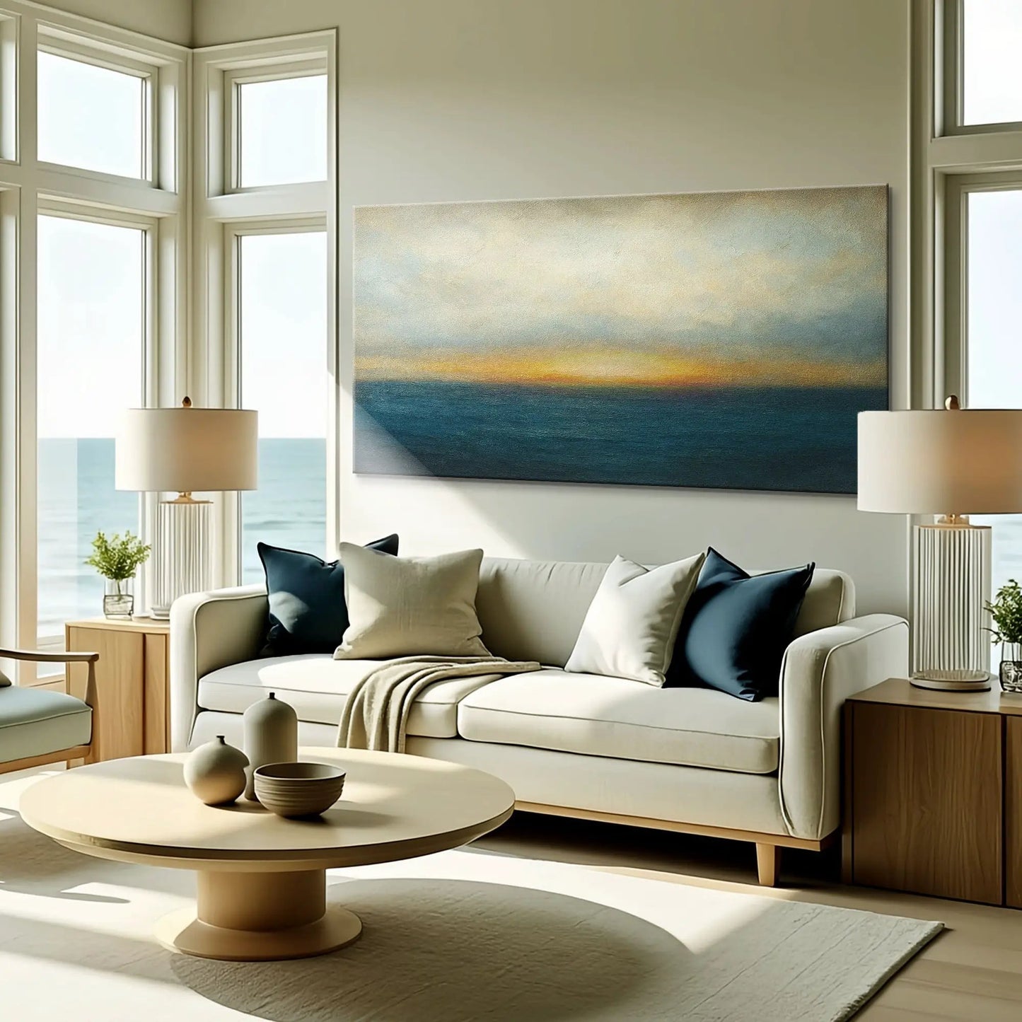 Waterscape Abstract Wall Art V canvas with blue sunset gradient mounted above a beige sofa on Tampa Home & Garden Store