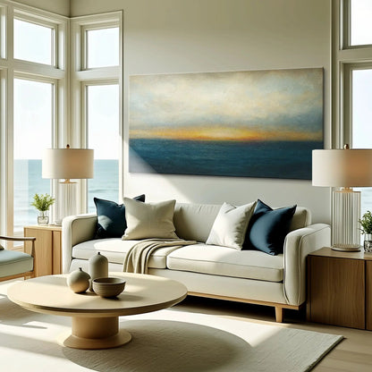 Waterscape Abstract Wall Art V canvas with blue sunset gradient mounted above a beige sofa on Tampa Home & Garden Store