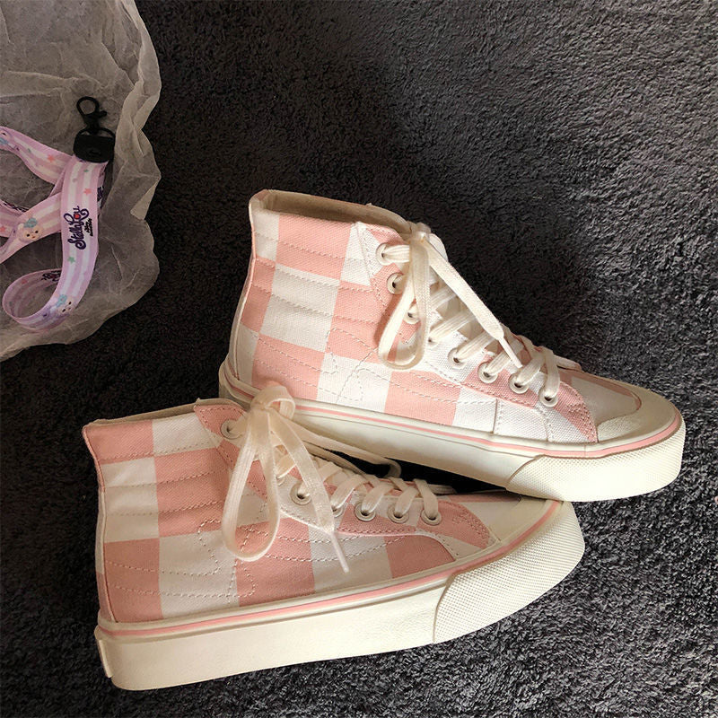 Stevvex pink white checkerboard high-top canvas sneakers pair, lace-up athletic shoes on Tampa Home & Garden Store