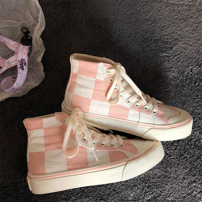 Stevvex pink white checkerboard high-top canvas sneakers pair, lace-up athletic shoes on Tampa Home & Garden Store