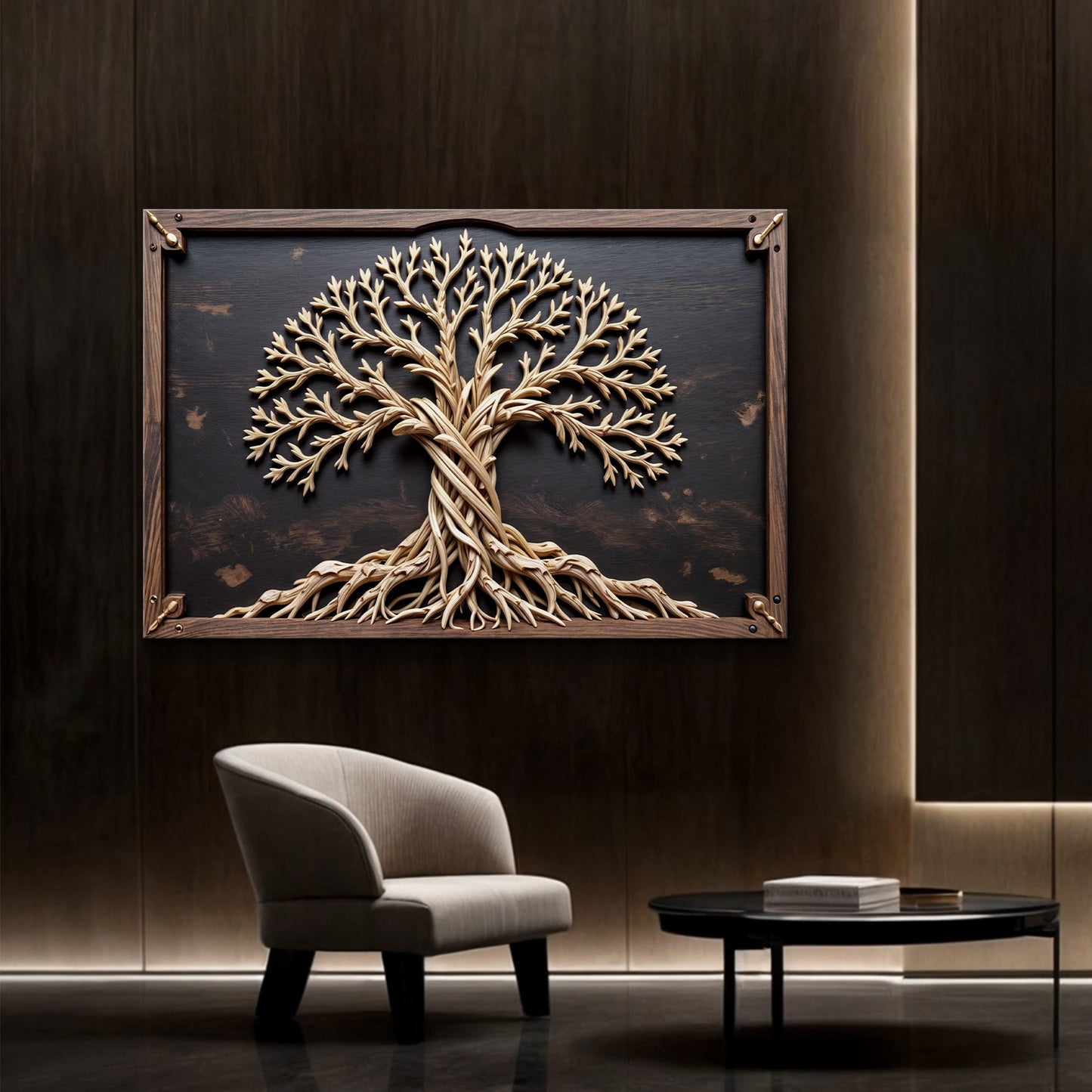 3D Celtic Tree of Life canvas wall art by Tailored Canvases, woven wood tree on dark backdrop in wood frame on Tampa Home & Garden Store