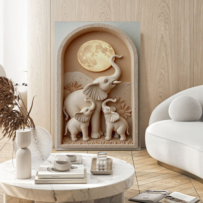 Elephant Harmony Wall Art canvas relief with three beige elephants under a moon arch on Tampa Home & Garden Store