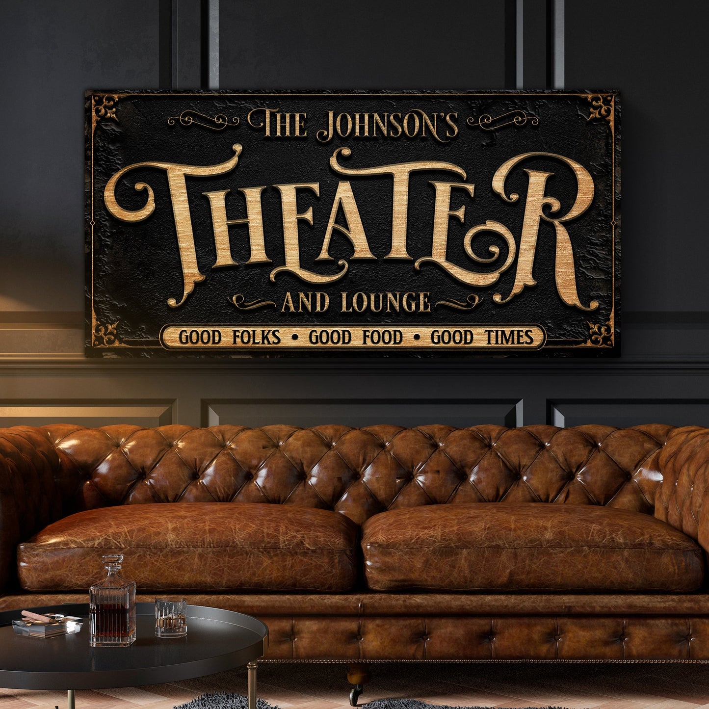 Personalized Theater Sign III canvas with black textured background and gold ornate lettering on Tampa Home & Garden Store