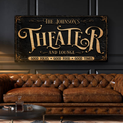 Personalized Theater Sign III canvas with black textured background and gold ornate lettering on Tampa Home & Garden Store