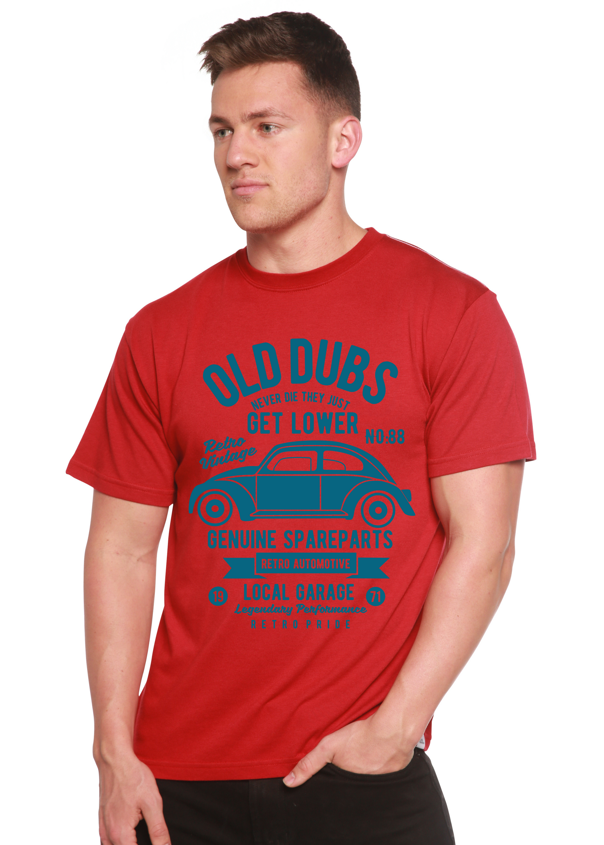 Old Dubs Spun Bamboo men's red short sleeve graphic tee with teal car print on Tampa Home & Garden Store