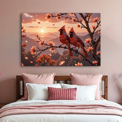 3D Cardinals Wall Art III canvas by Tailored Canvases; two red cardinals on a branch at sunset on Tampa Home & Garden Store