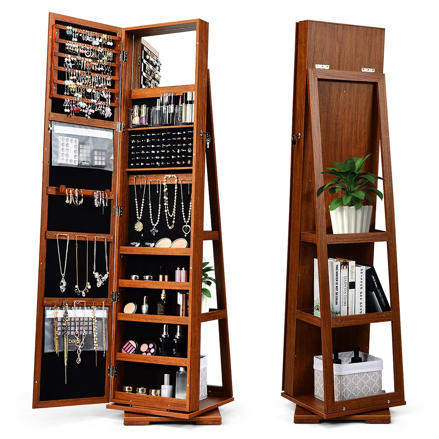 360° Rotatable 2-in-1 Lockable Jewelry Cabinet with Full-Length Mirror-Brown