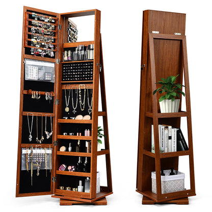 360° Rotatable 2-in-1 Lockable Jewelry Cabinet with Full-Length Mirror-Brown