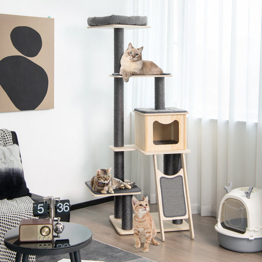 5-Tier Modern Wood Cat Tower with Washable Cushions-Gray - Tampa Home & Garden Store