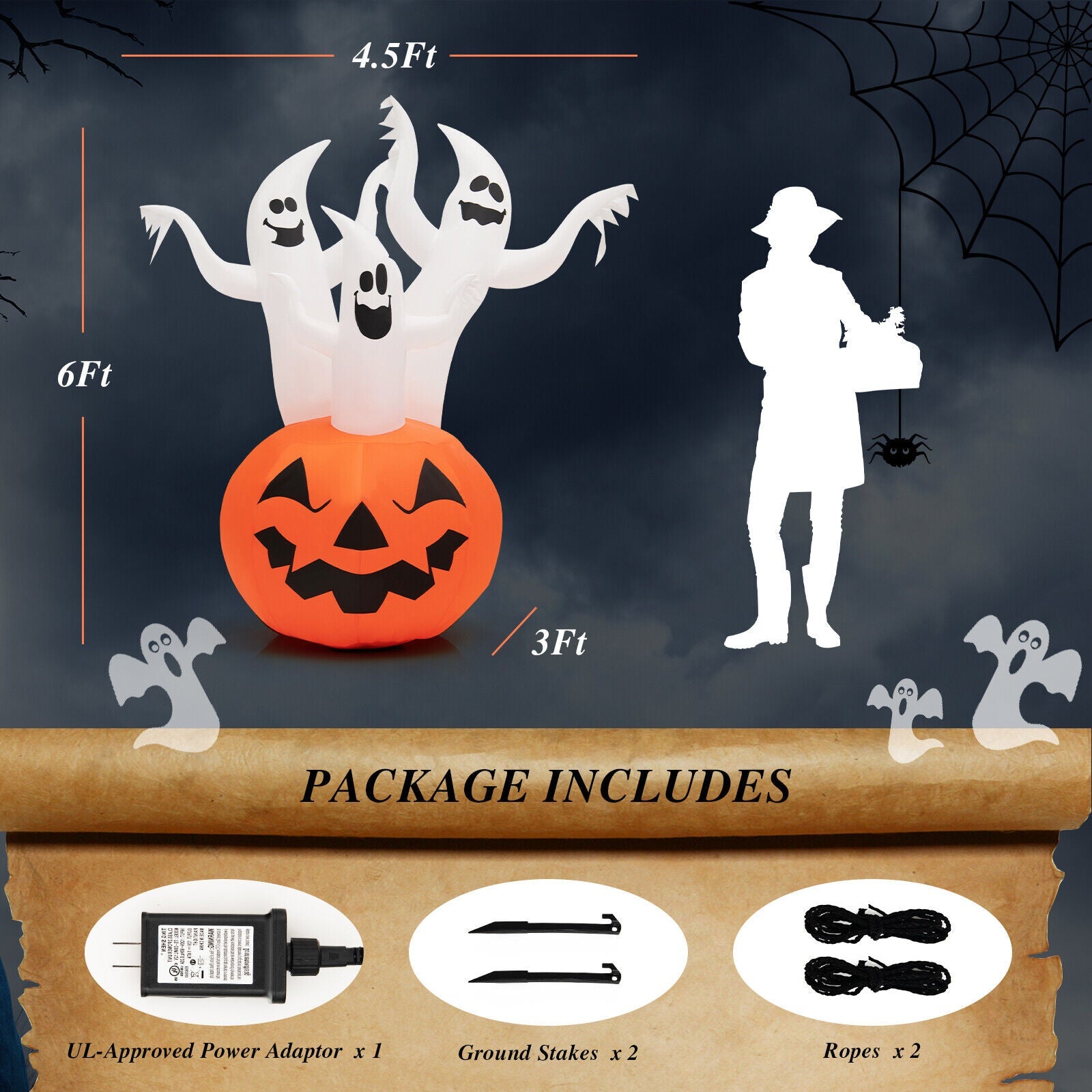 Set of 3 white ghost inflatables with orange pumpkin decor and rotating lamp DirectDeals on Tampa Home & Garden Store