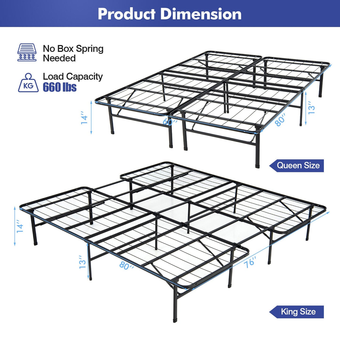 Base de cama plegable de plataforma de acero, tamaño Queen/King, para niños y adultos - Tamaño King