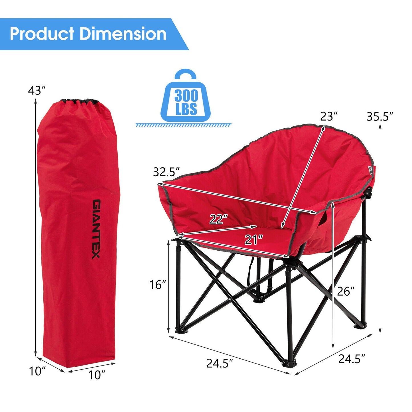 Folding Moon Padded Camp Chair GemGear with Carrying Bag in red and black steel frame on Tampa Home & Garden Store