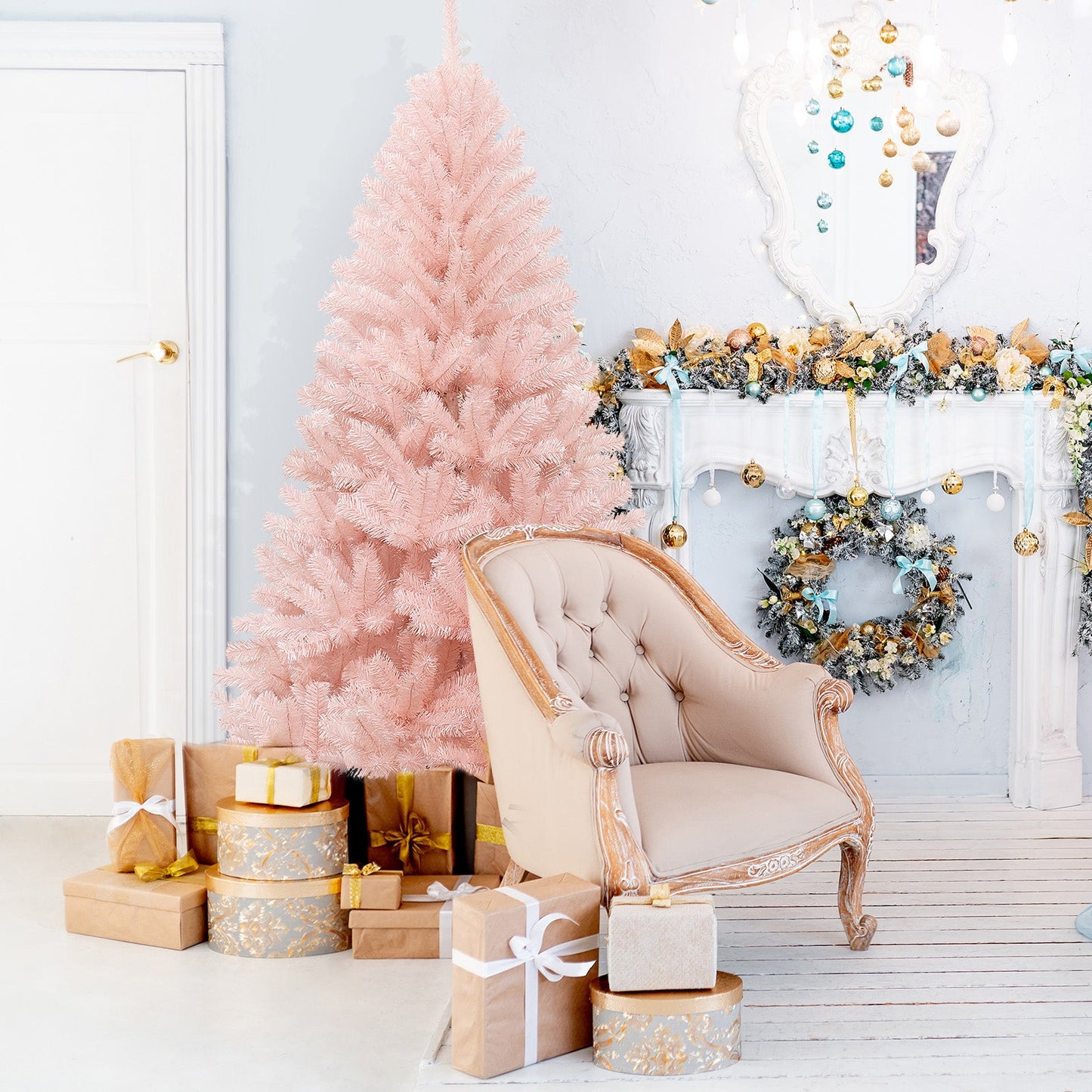 6/7 ft pink hinged full fir artificial Christmas tree by DirectDeals in a festive room on Tampa Home & Garden Store
