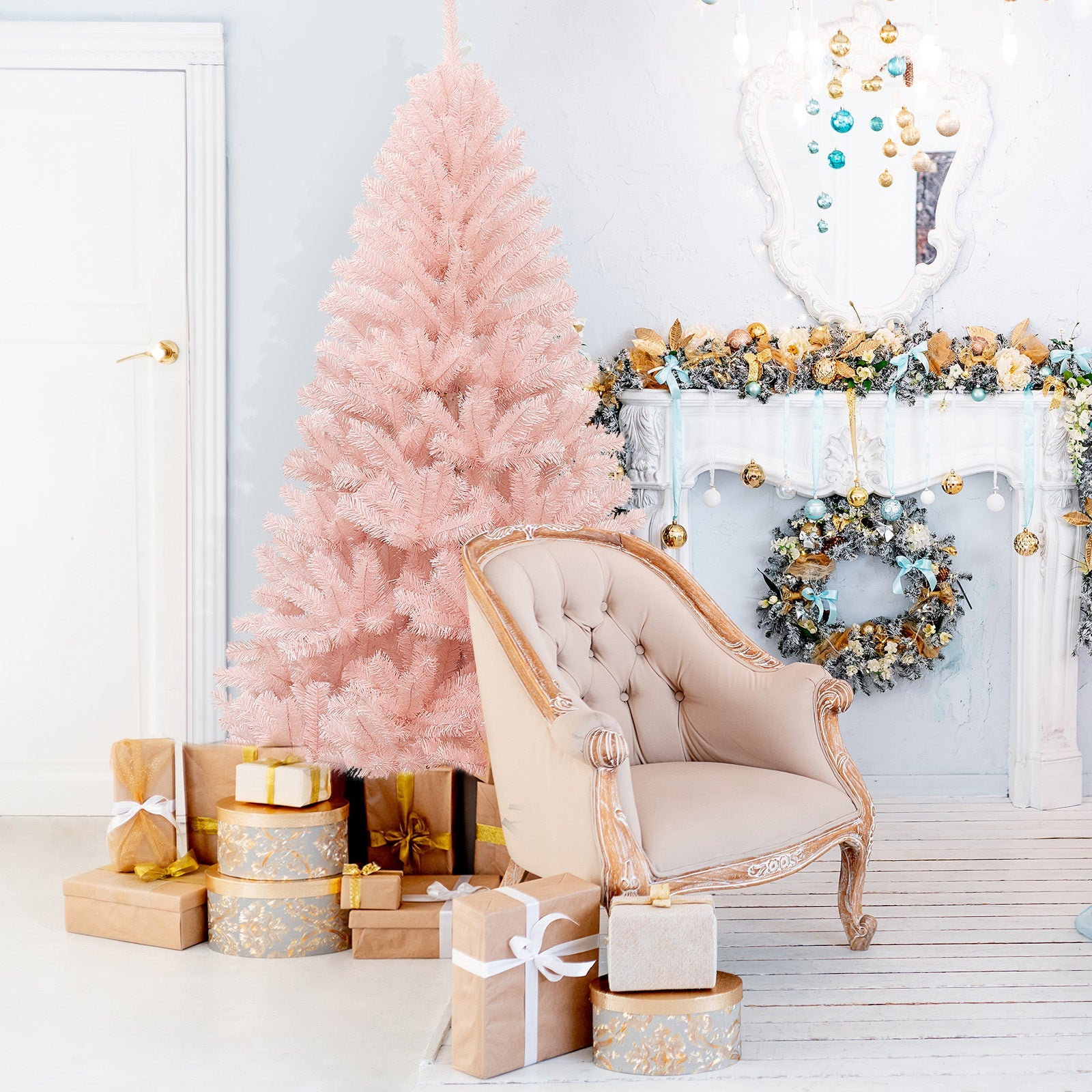 6/7 ft pink hinged full fir artificial Christmas tree by DirectDeals in a festive room on Tampa Home & Garden Store