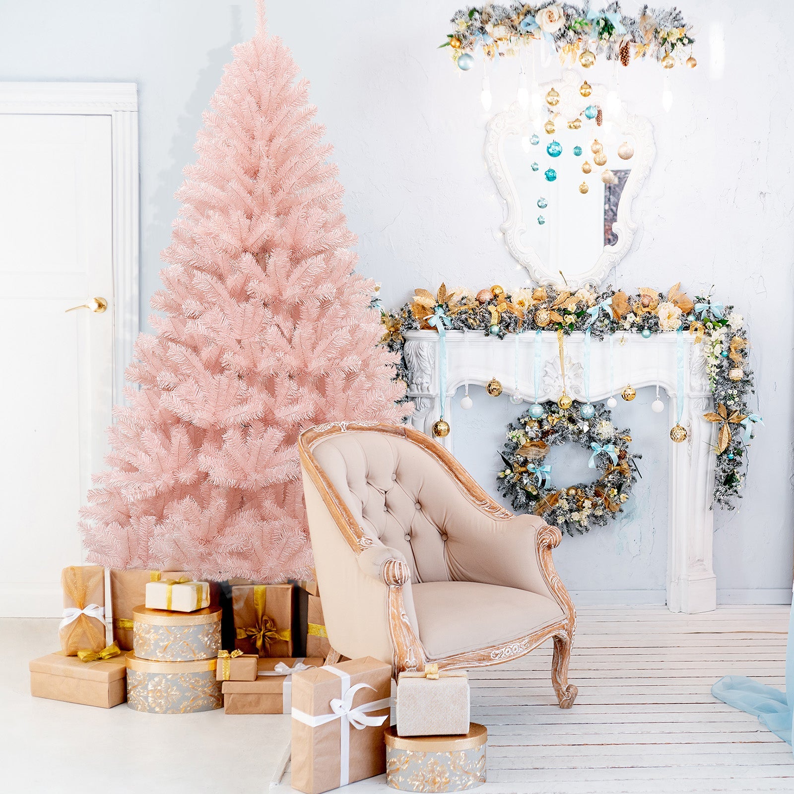 6/7 ft pink hinged full-fir artificial Christmas tree by DirectDeals for indoor holiday decor on Tampa Home & Garden Store