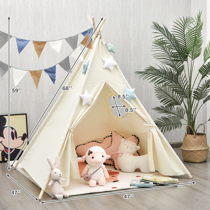 Foldable Kids Canvas Teepee Play Tent GemGear cream canvas with star cushions and bunting on Tampa Home & Garden Store