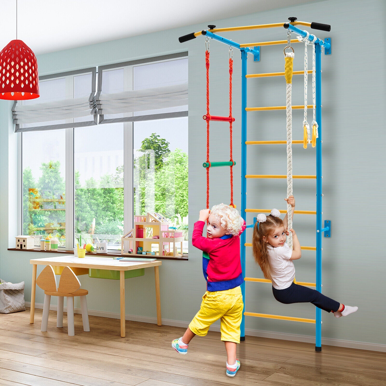 7 In 1 Kids Indoor Gym Playground Swedish Wall Ladder for Solid Wall-Yellow - Tampa Home & Garden Store