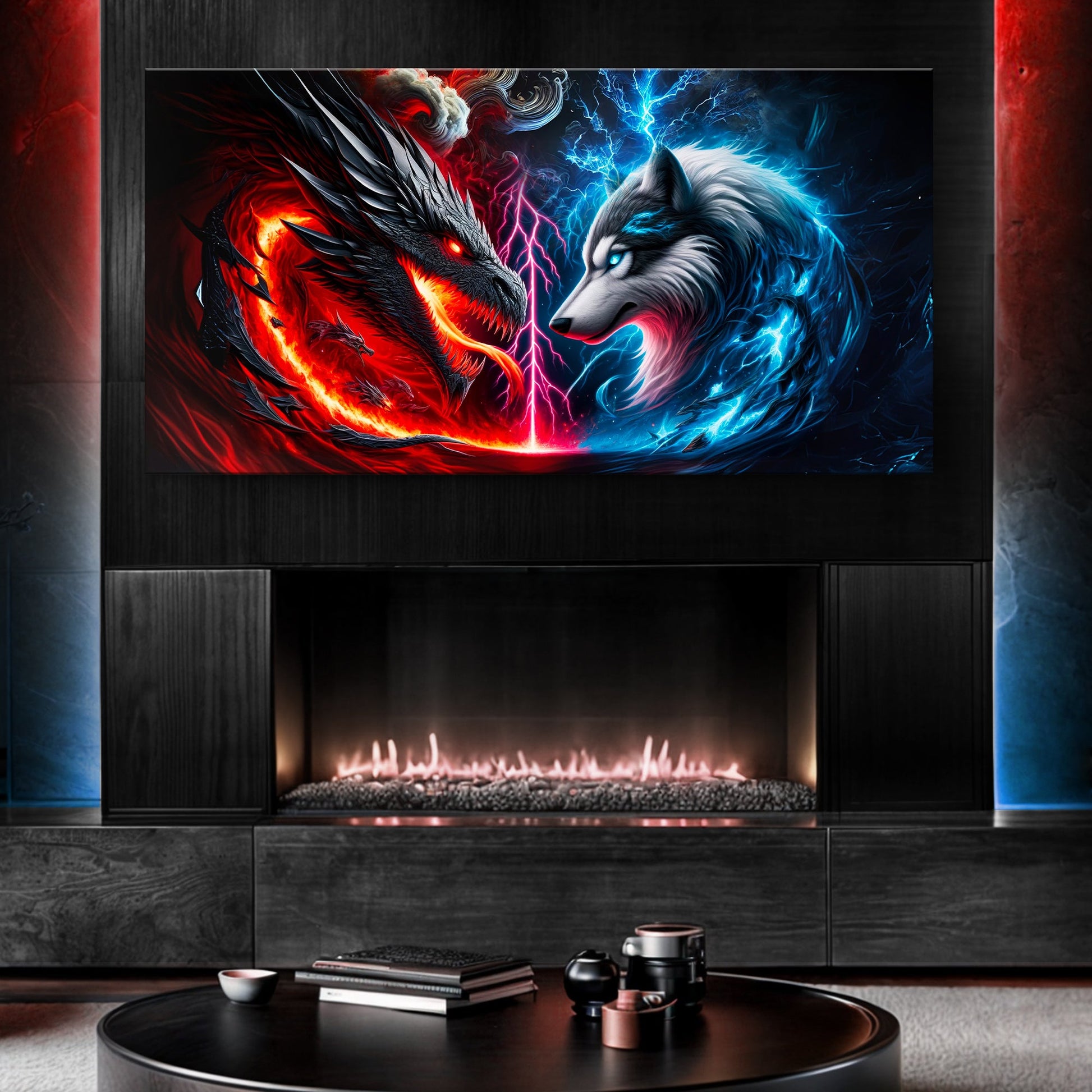 3D Dragon and Wolf Wall Art Canvas featuring fiery red dragon and icy blue wolf on a dark backdrop on Tampa Home & Garden Store