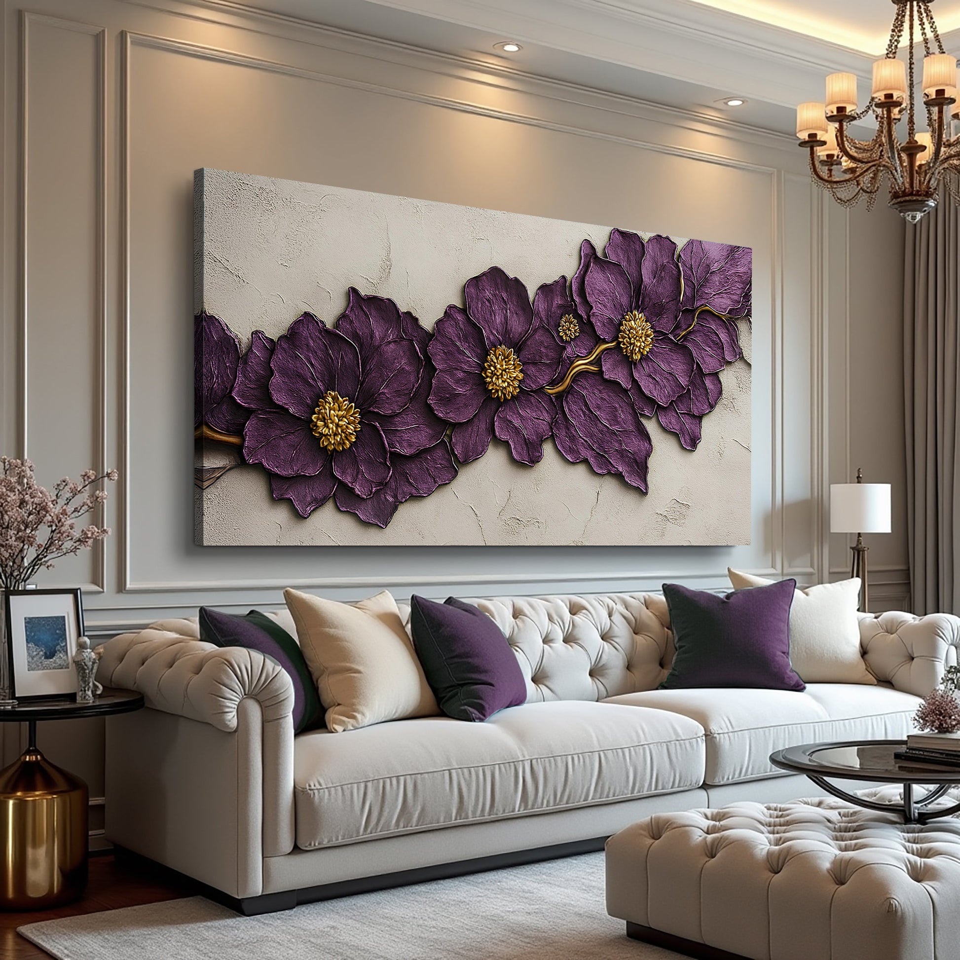 Purple plaster canvas wall art with textured violet petals and gold centers on neutral wall on Tampa Home & Garden Store