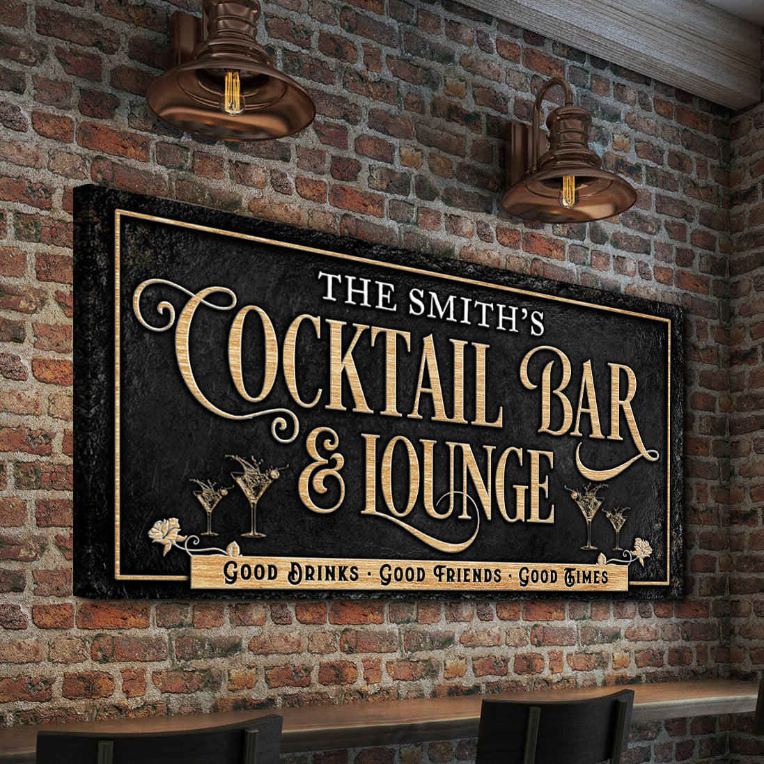 Cocktail Bar And Lounge Sign canvas by Tailored Canvases, gold lettering on black, brick wall on Tampa Home & Garden Store
