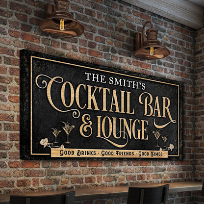 Cocktail Bar And Lounge Sign canvas by Tailored Canvases, gold lettering on black, brick wall on Tampa Home & Garden Store