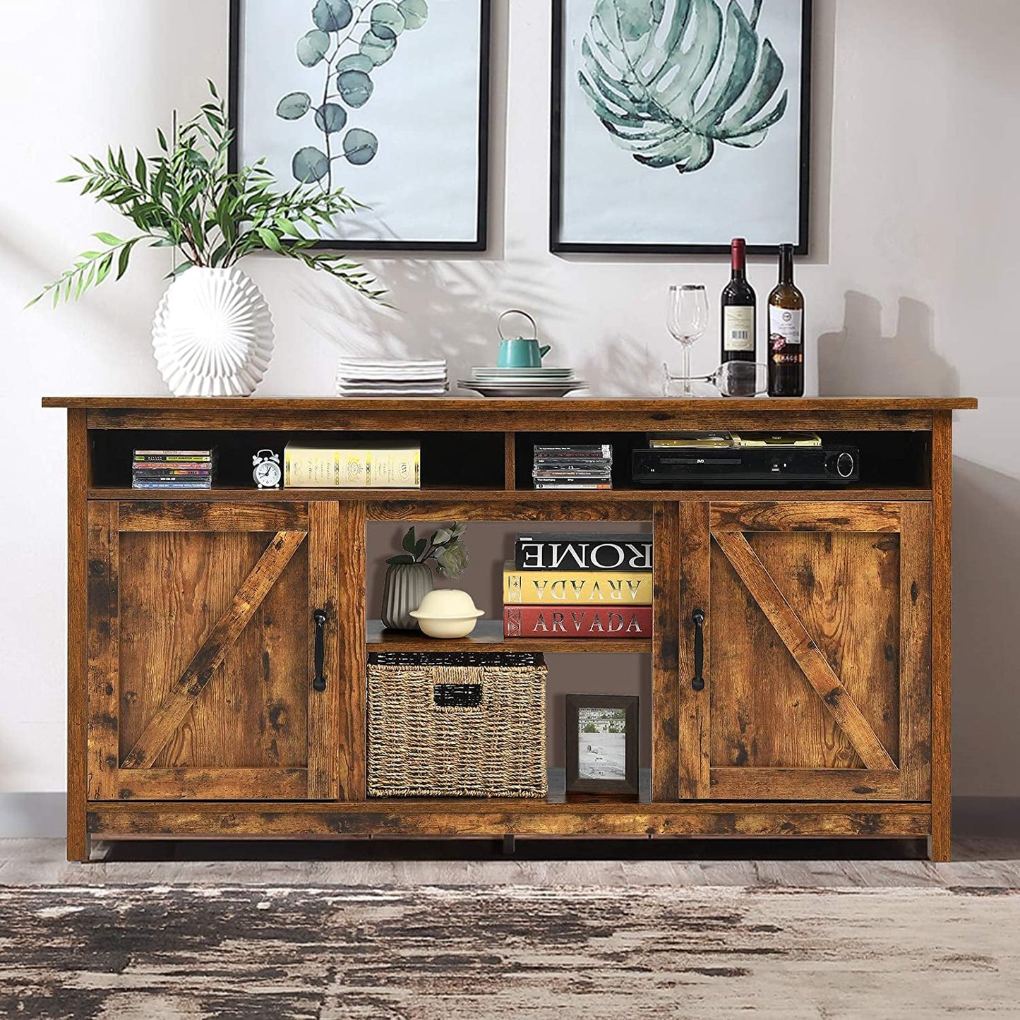 Mueble para TV Industrial de 60" con estantes y armarios, color marrón