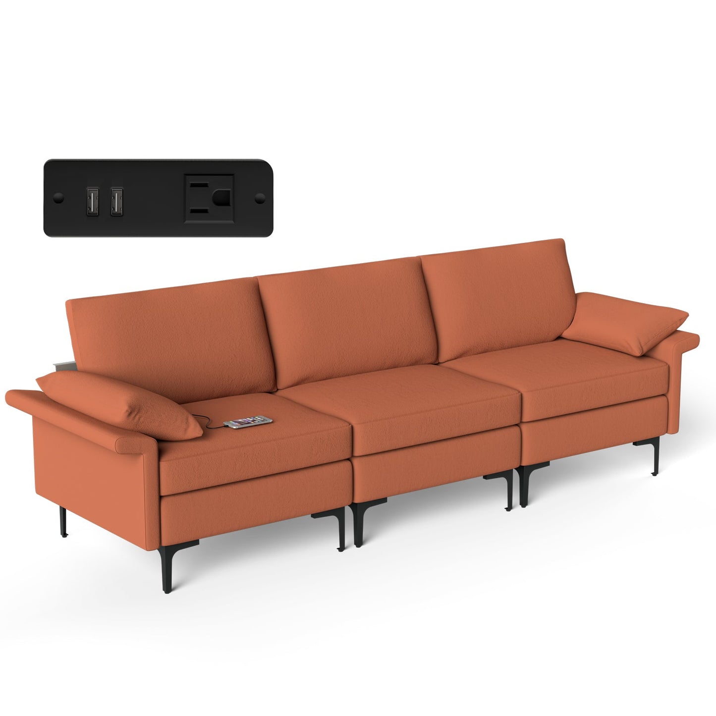 Sofá seccional grande de 3 plazas con patas de metal y 2 puertos USB para 3-4 personas - Rojo