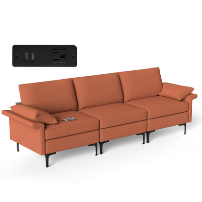 Sofá seccional grande de 3 plazas con patas de metal y 2 puertos USB para 3-4 personas - Rojo