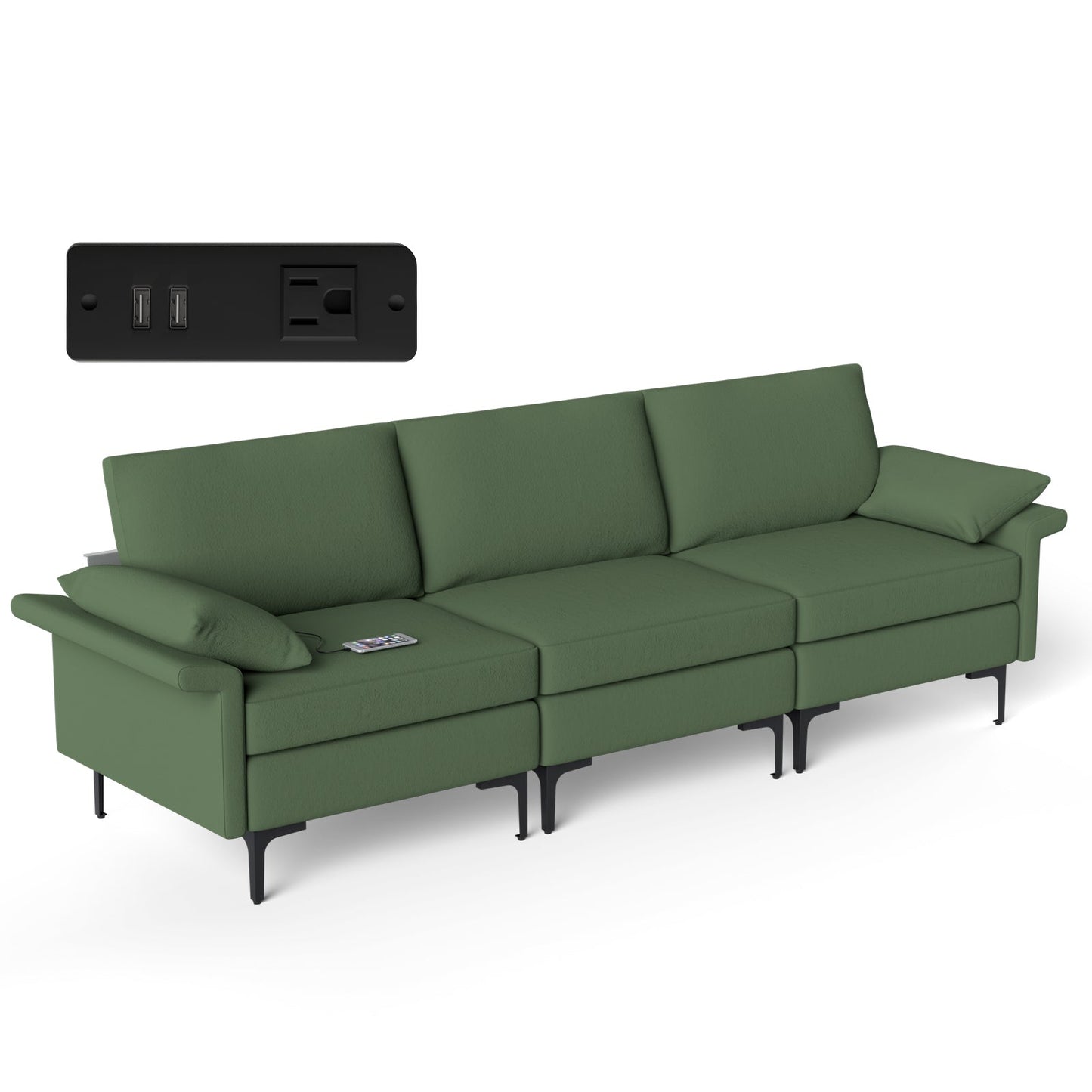 Sofá seccional grande de 3 plazas con patas de metal y 2 puertos USB para 3-4 personas - Rojo