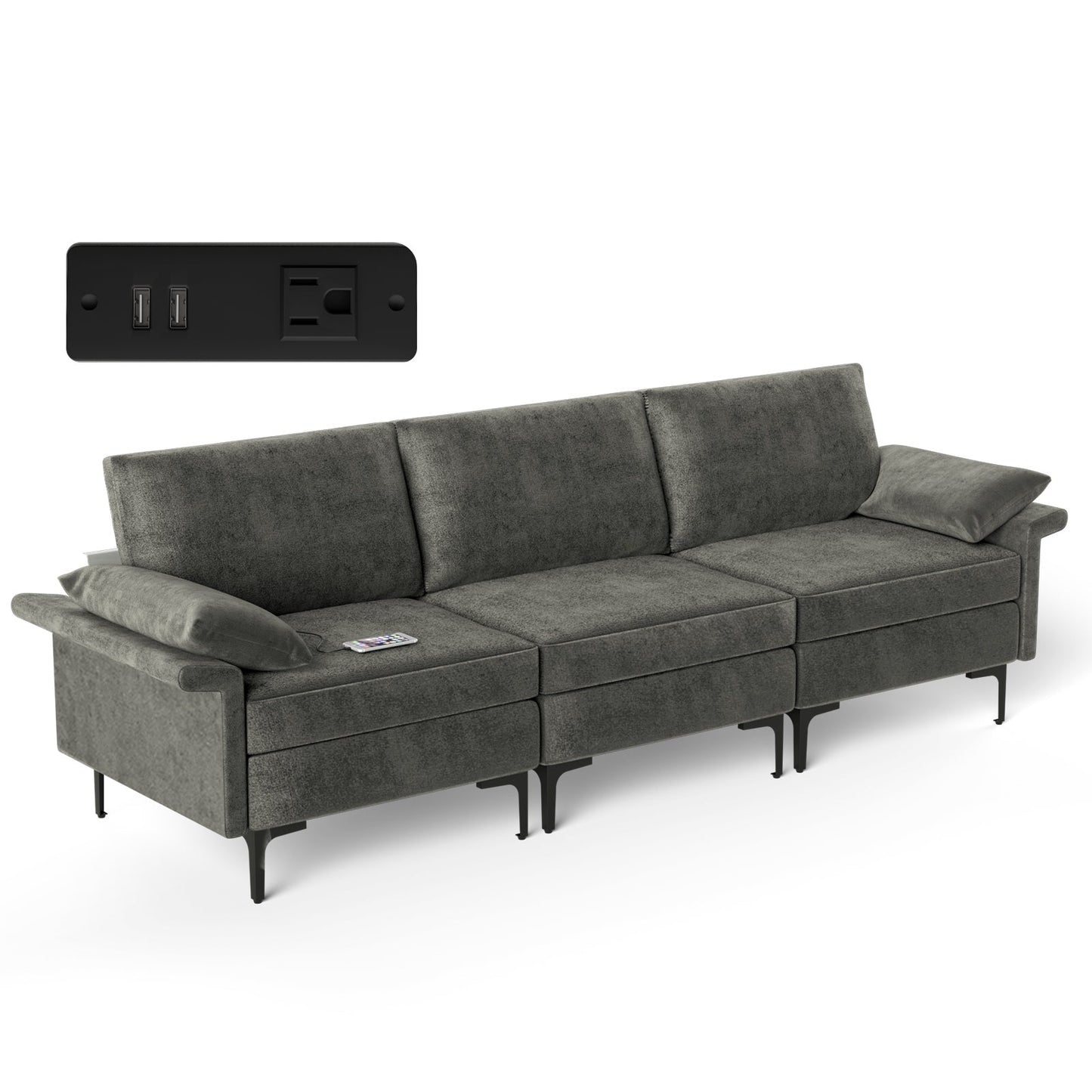 Sofá seccional grande de 3 plazas con patas de metal y 2 puertos USB para 3-4 personas - Rojo