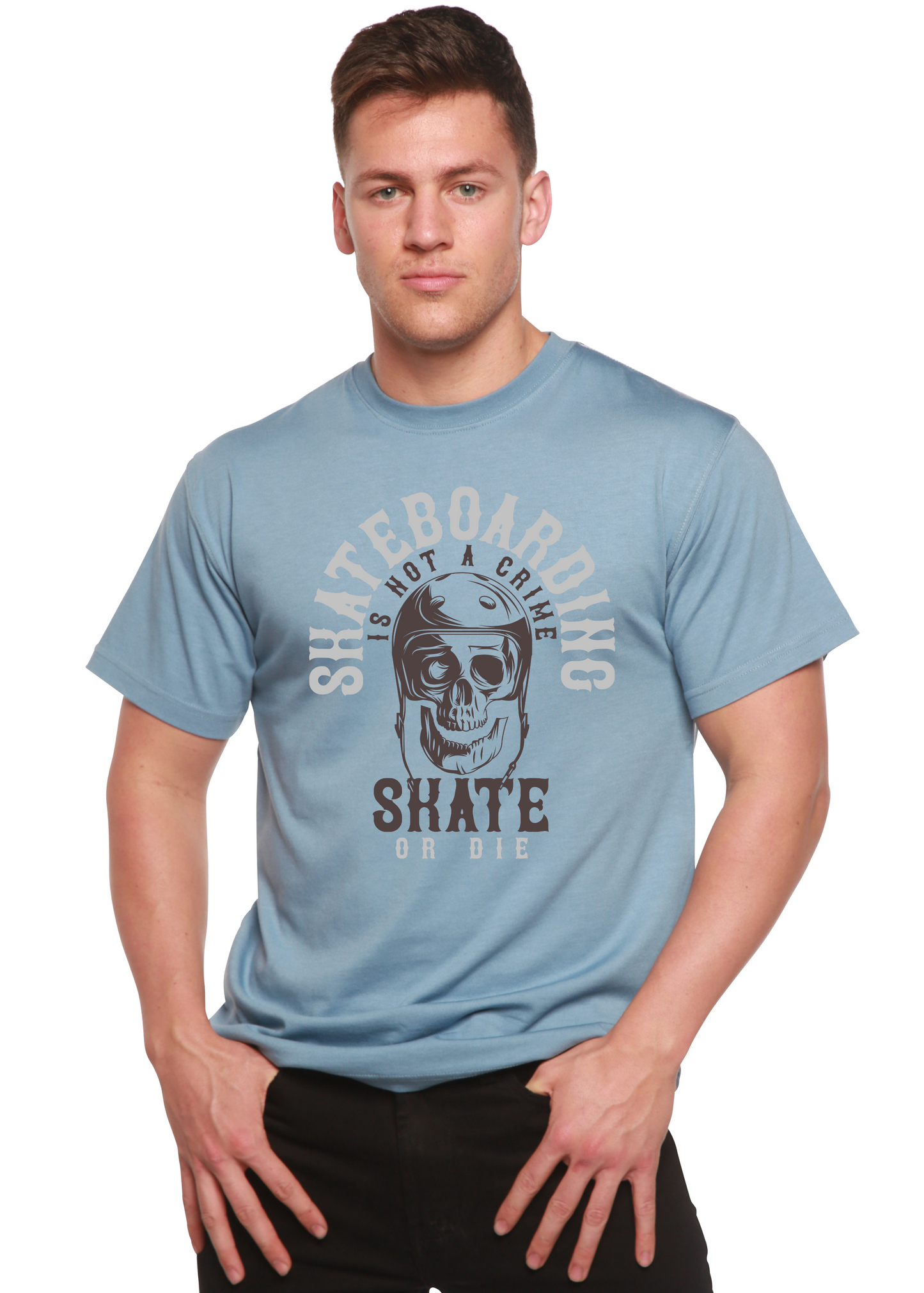 Skateboarding men's bamboo viscose/organic tee in light blue with skull print Spun Bamboo on Tampa Home & Garden Store