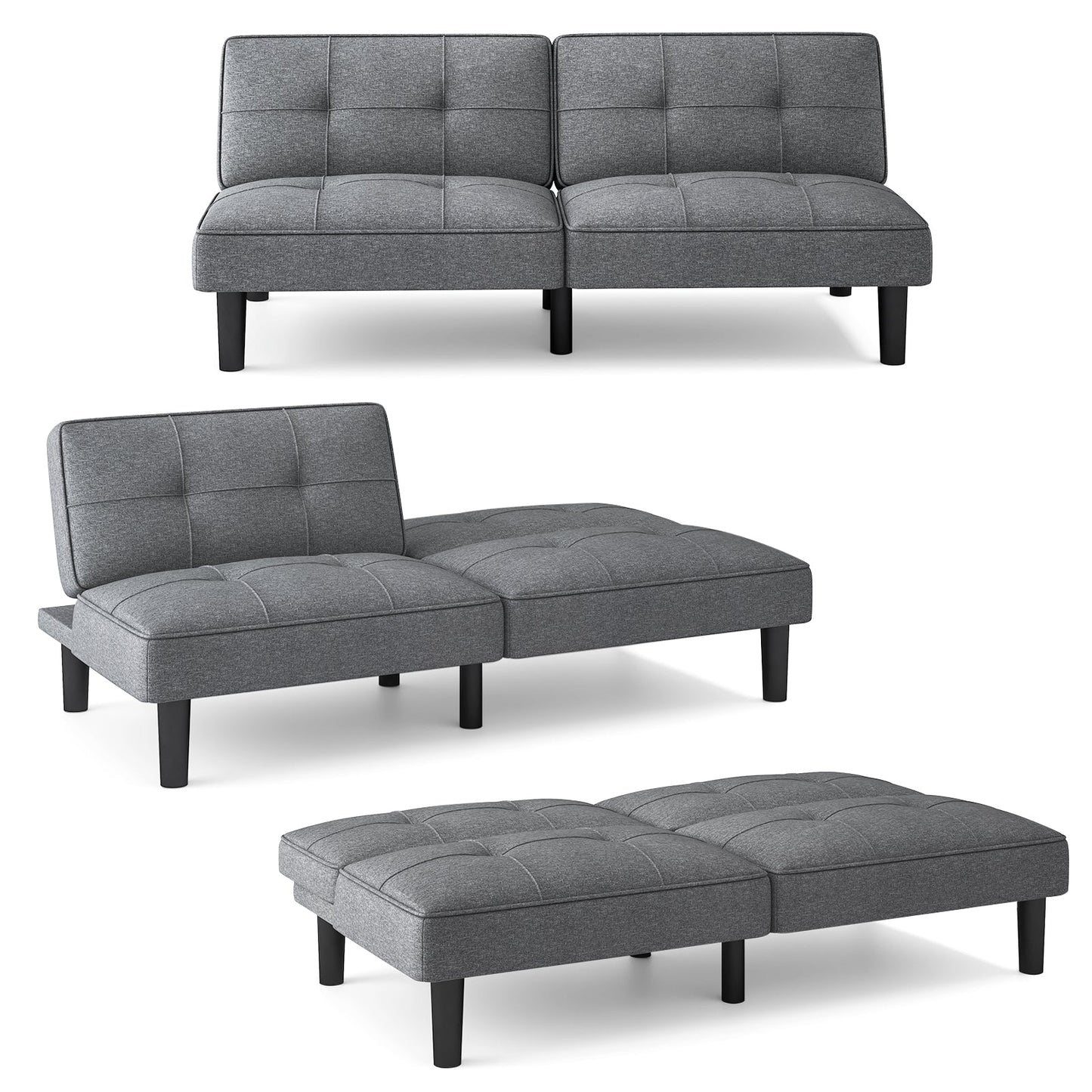 Sofá Cama Futón Plegable Convertible con Respaldo Ajustable de 6 Posiciones-Gris