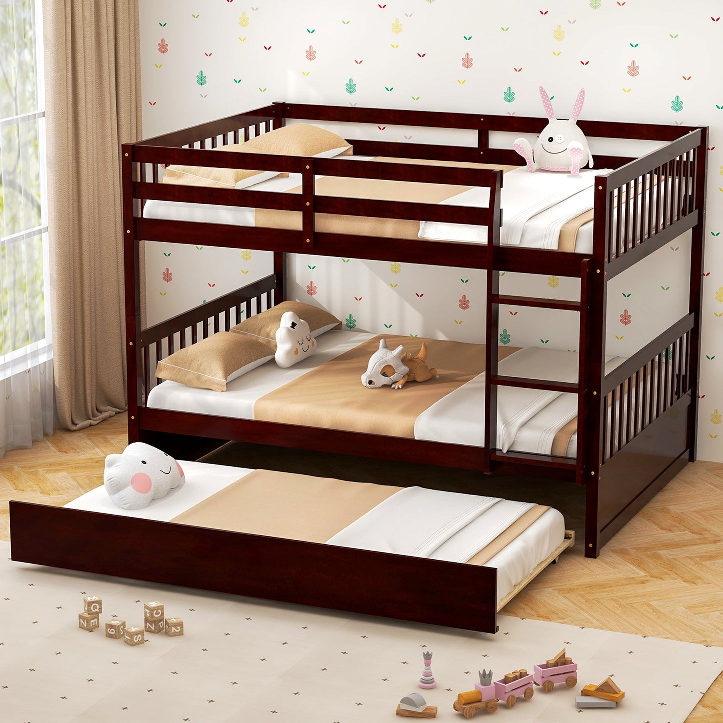 Cama litera matrimonial sobre matrimonial de plataforma de madera con escalera - Marrón