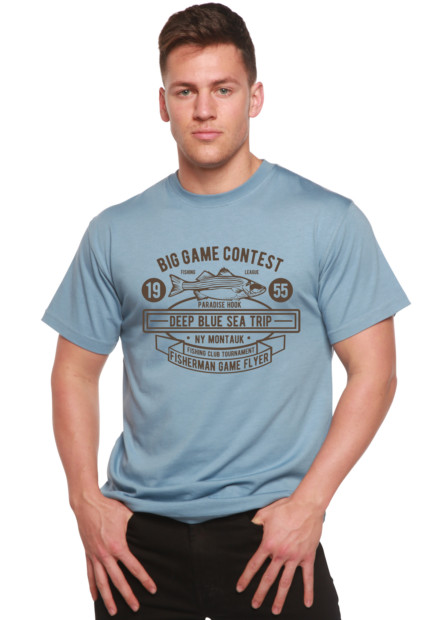 Men's light blue bamboo tee with Big Game Contest graphic by Spun Bamboo on Tampa Home & Garden Store