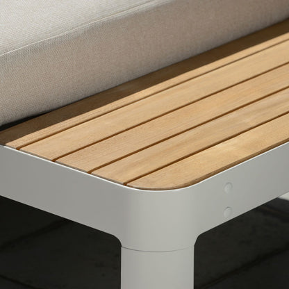 Portals Light C-Shape outdoor sofa with teak-like wooden slats on a white frame on Tampa Home & Garden Store