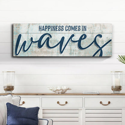 Canvas sign Happiness Comes In Waves with blue cursive on white-washed wood Tailored Canvases on Tampa Home & Garden Store