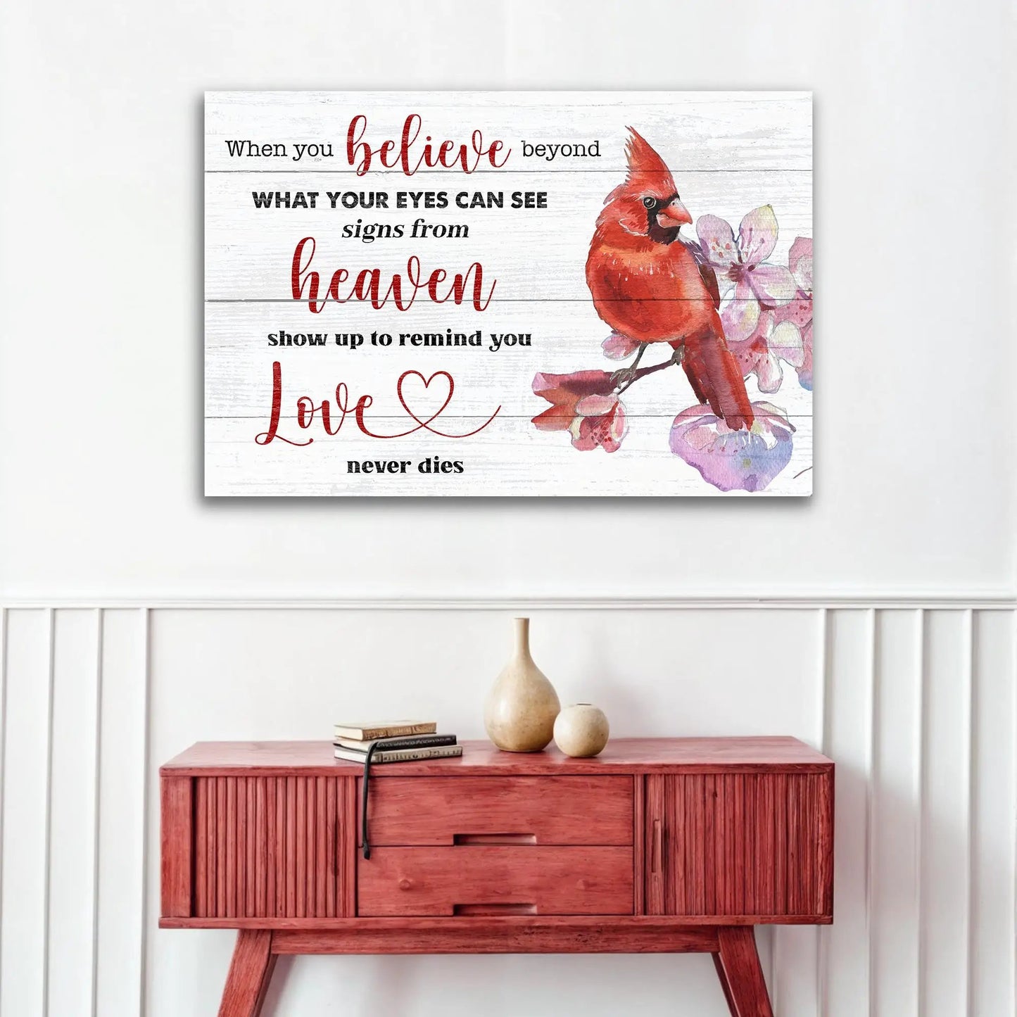 Canvas sign When You Believe Beyond Faith II with red cardinal on whitewashed wood on Tampa Home & Garden Store
