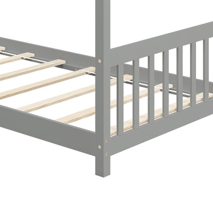 Cama de madera con forma de casa de tamaño individual con techo - Gris