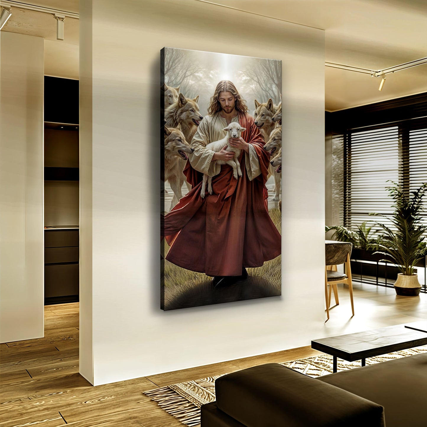 Canvas wall art Faith Wall Art VI by Tailored Canvases showing Jesus with lamb among wolves on Tampa Home & Garden Store
