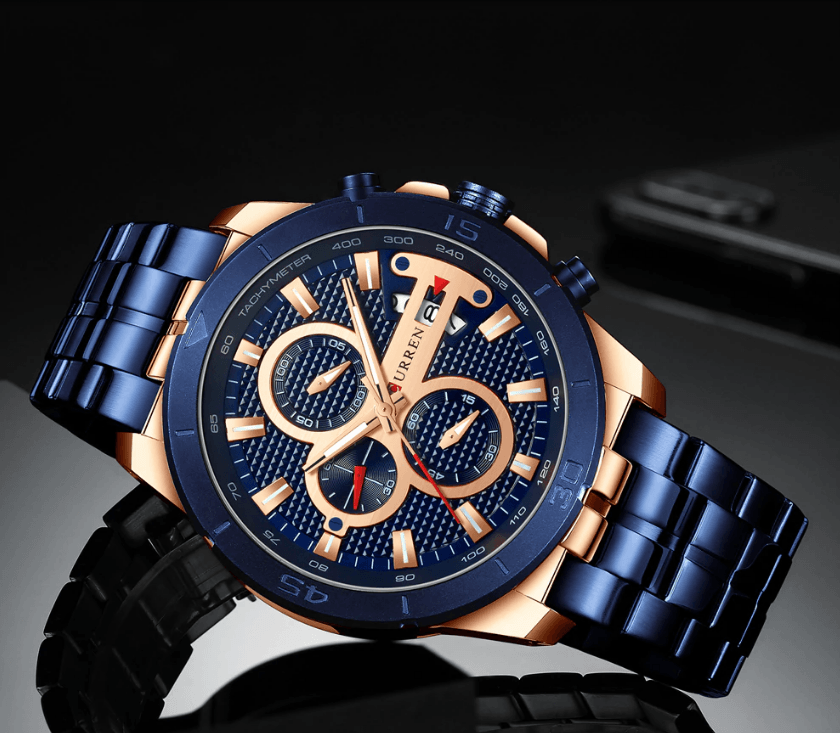 Stevvex men's waterproof chronograph watch with blue dial and blue stainless bracelet on Tampa Home & Garden Store