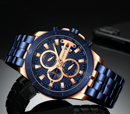 Stevvex men's waterproof chronograph watch with blue dial and blue stainless bracelet on Tampa Home & Garden Store