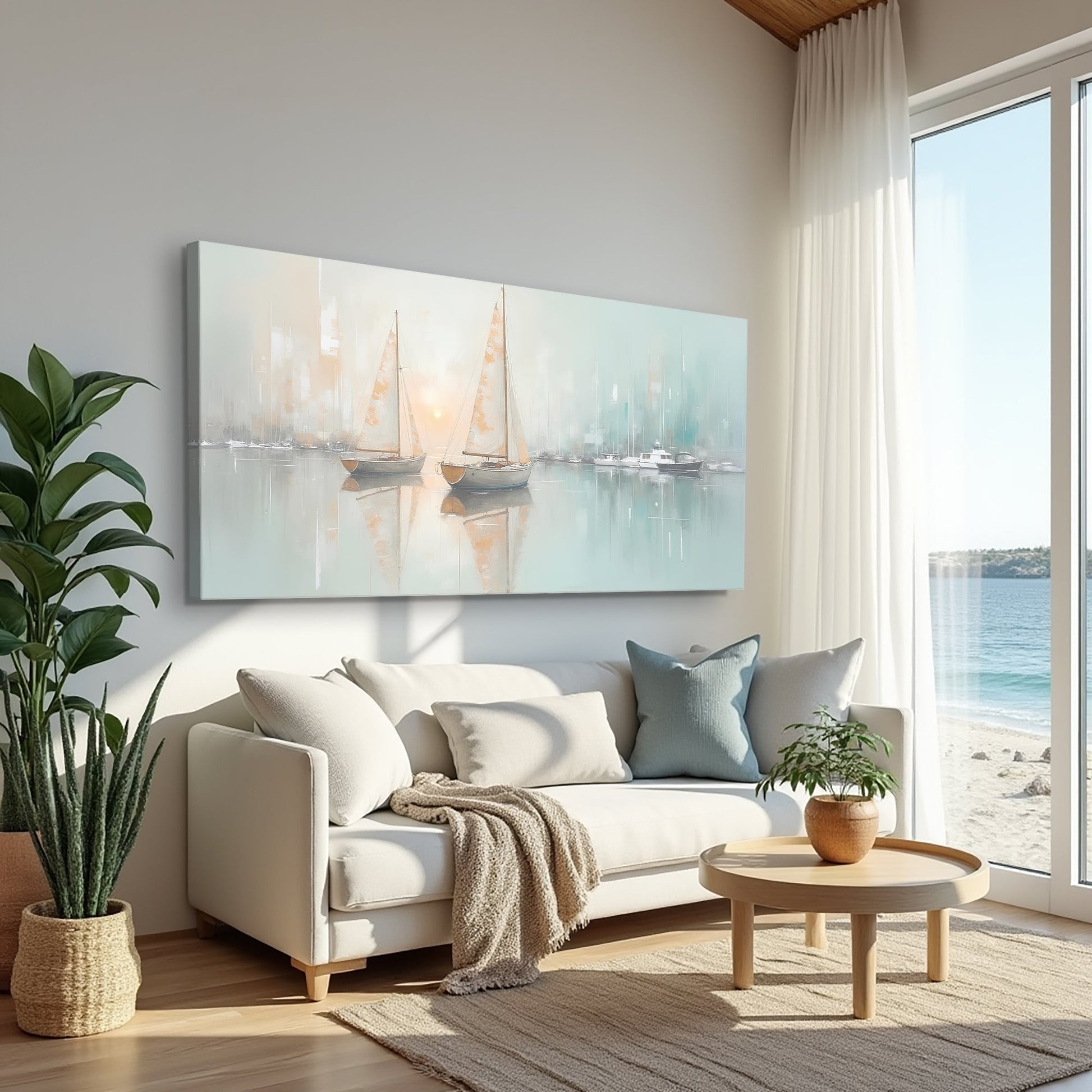 Abstract Pier and Dock Wall Art canvas Tailored Canvases with pastel sailboats on calm water on Tampa Home & Garden Store