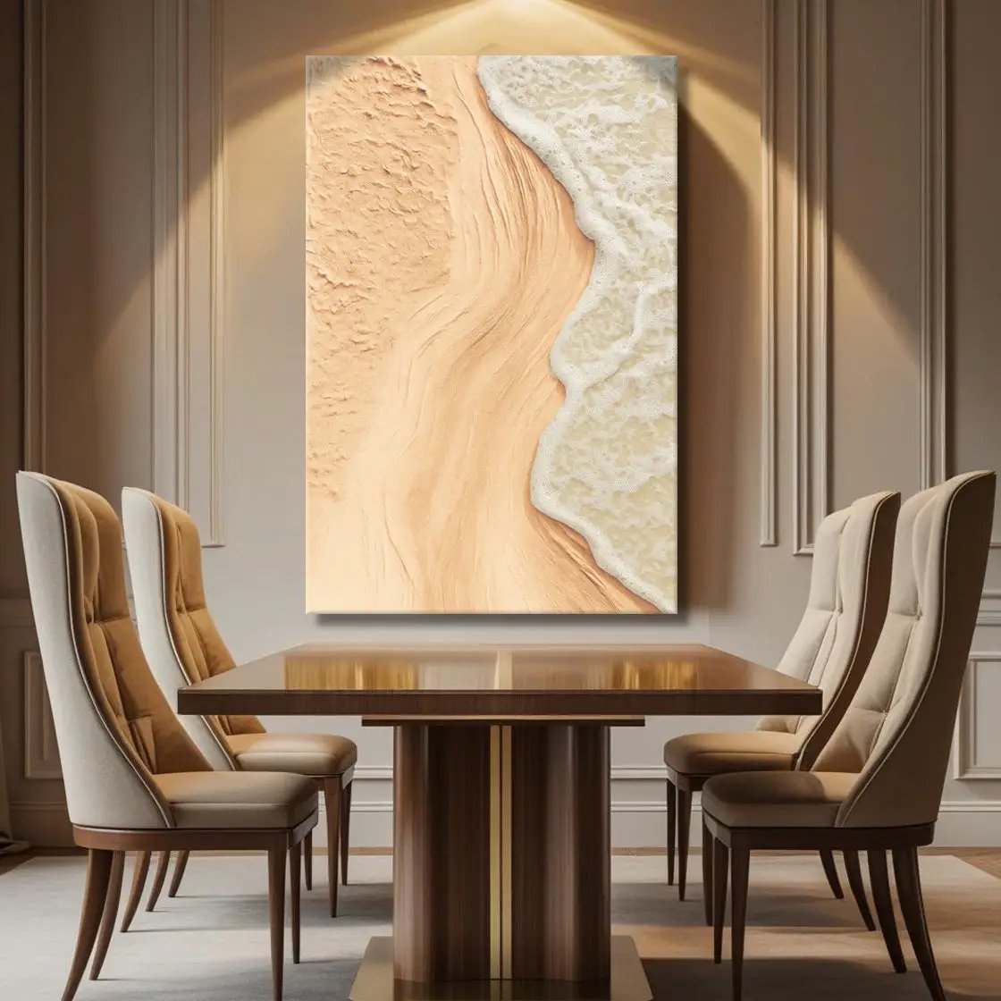 Beige Beach Coastal Wall Art canvas by Tailored Canvases; foamy edge above wood dining table on Tampa Home & Garden Store