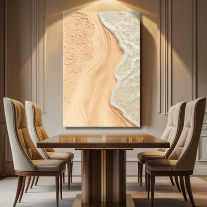 Beige Beach Coastal Wall Art canvas by Tailored Canvases; foamy edge above wood dining table on Tampa Home & Garden Store